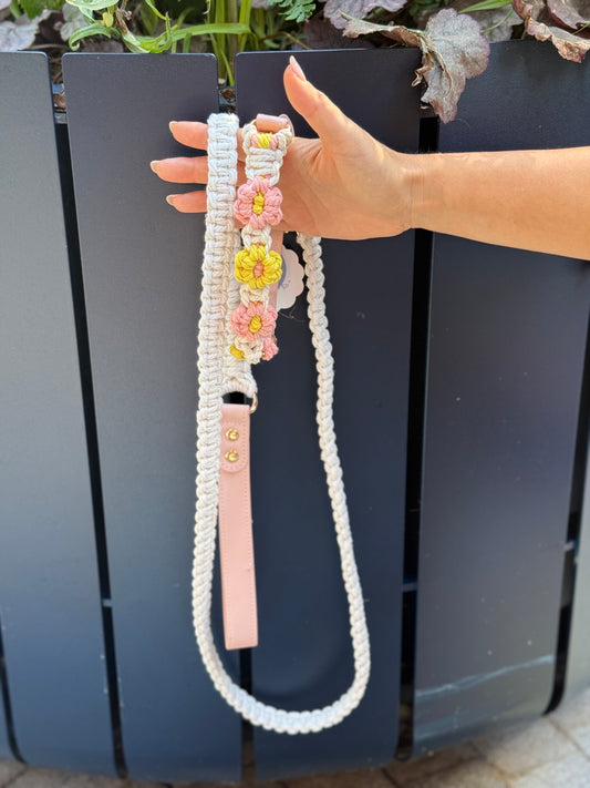 Macrame Handmade Collar and Leash Set (White)