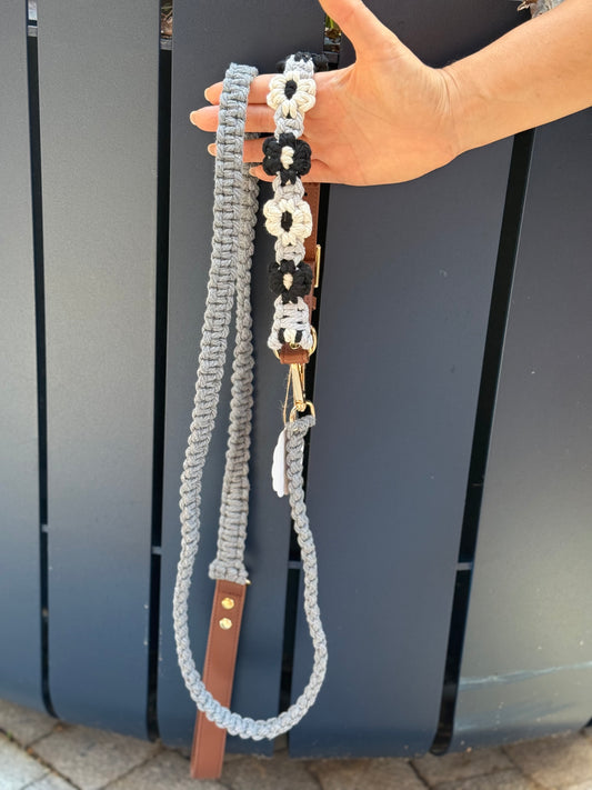 Macrame Handmade Collar and Leash Set (Grey)